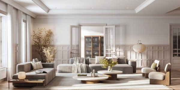 This image showcases a digitally generated, modern living room, offering a blend of comfort and elegance with its sleek furniture and soft color palette.